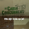 gezandstraald en ingekleurd bedrijfslogo op spiegelglas De Cabin Concurrent