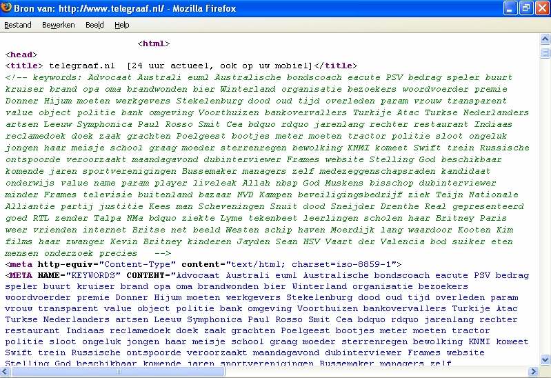 Zoekmachine spam in broncode van de Telegraaf